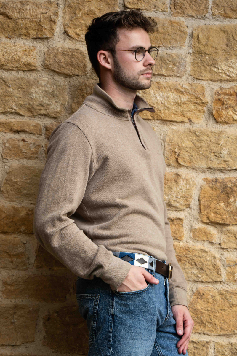 man wearing blue & grey polo belt - fetlox