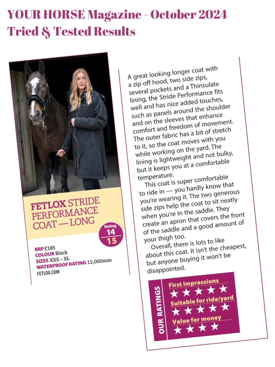 Stride Coat - Your Horse Magazine Feature - Fetlox