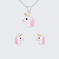 Unicorn-shaped necklace and earrings on a light gray background