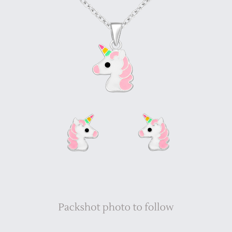 Unicorn-shaped necklace and earrings on a light gray background