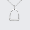 Silver equestrian stirrup pendant on a chain against a light gray background