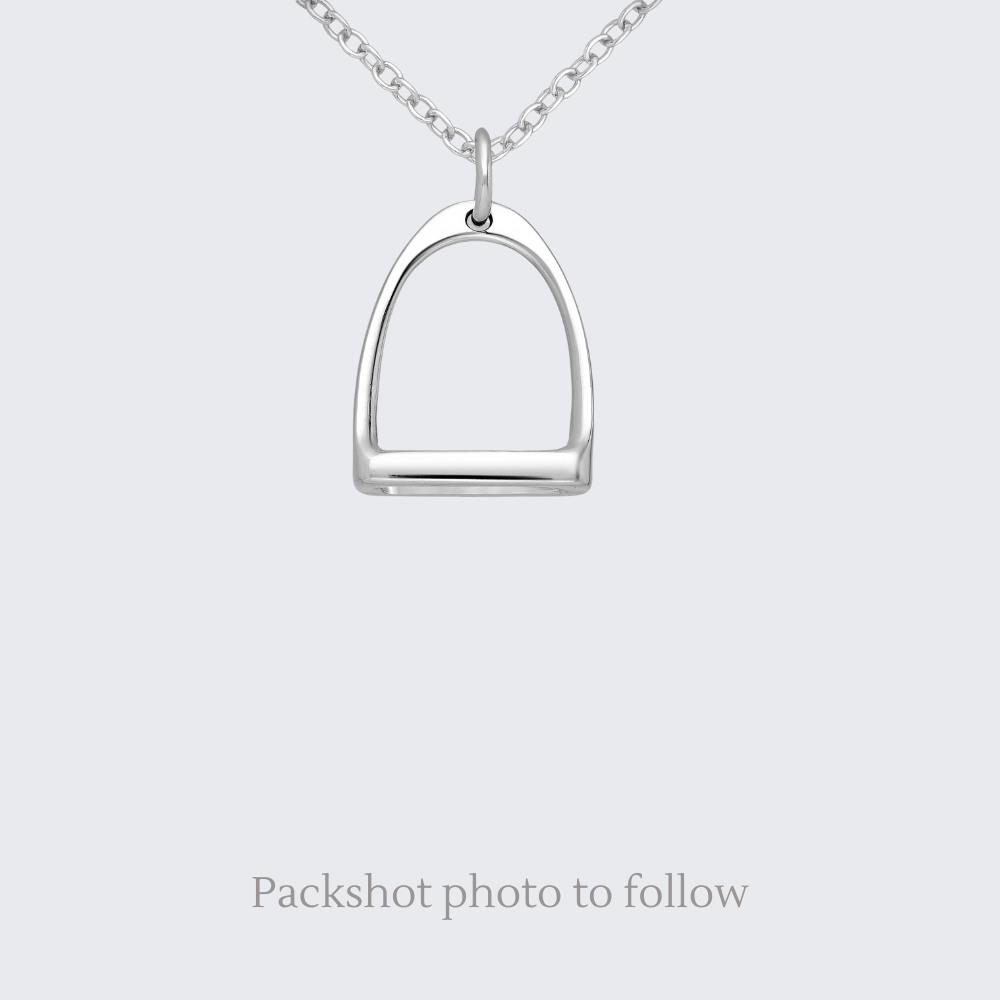 Silver equestrian stirrup pendant on a chain against a light gray background