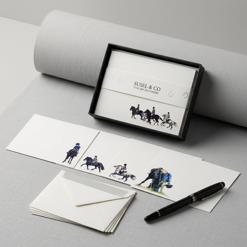 A framed art print featuring miniature equestrian figures, displayed on a white wall above a shelf. The black frame contains a white background with the brand name 'SUSEL & CO' and small black horse illustrations.