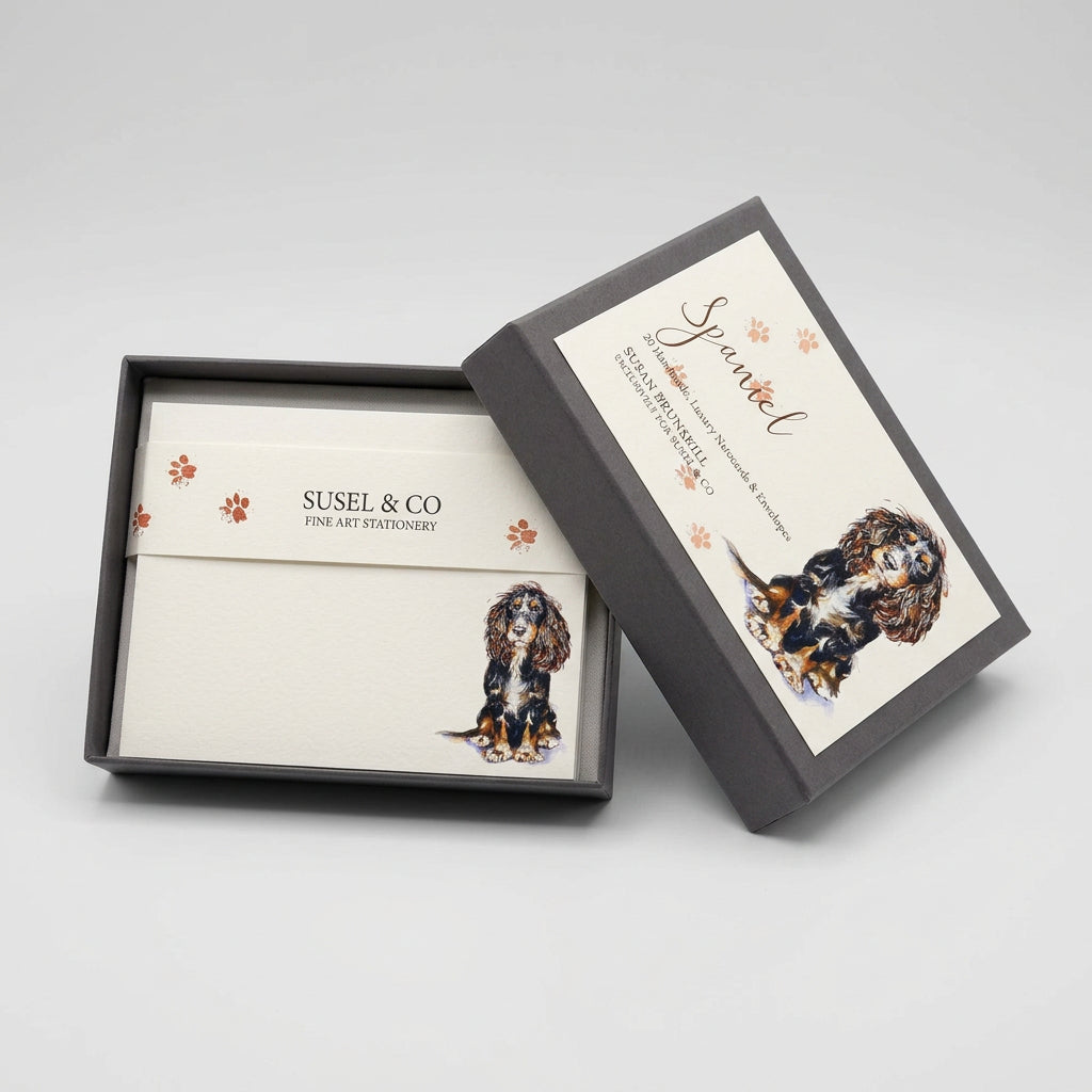 Two framed custom pet memorial cards displayed on a white wall above a gray fabric surface. The cards feature watercolor illustrations of a black and white Cocker Spaniel and are personalized with the name 'Spencer' and the brand 'SUSEL & CO'.