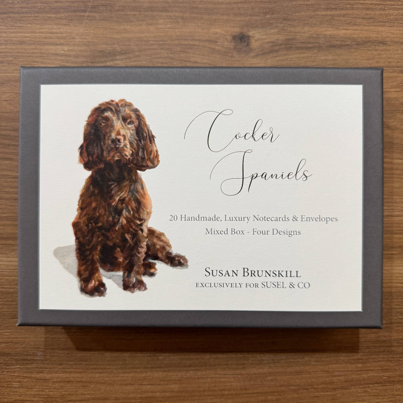 A square product box for Susan Brunskill 'Cocker Spaniels' notecards and envelopes, featuring a painted brown dog on a white front panel with a dark gray border, placed on a wooden surface.