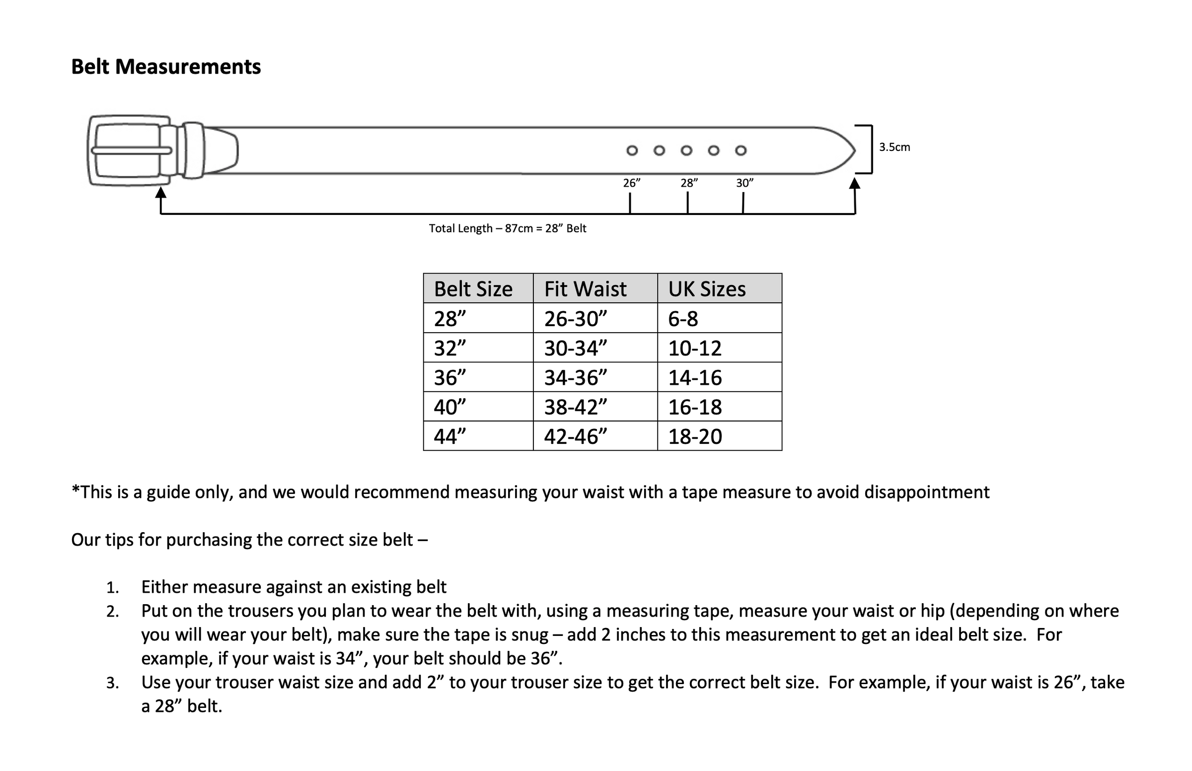 Belt measurement chart with size guide and fitting instructions.