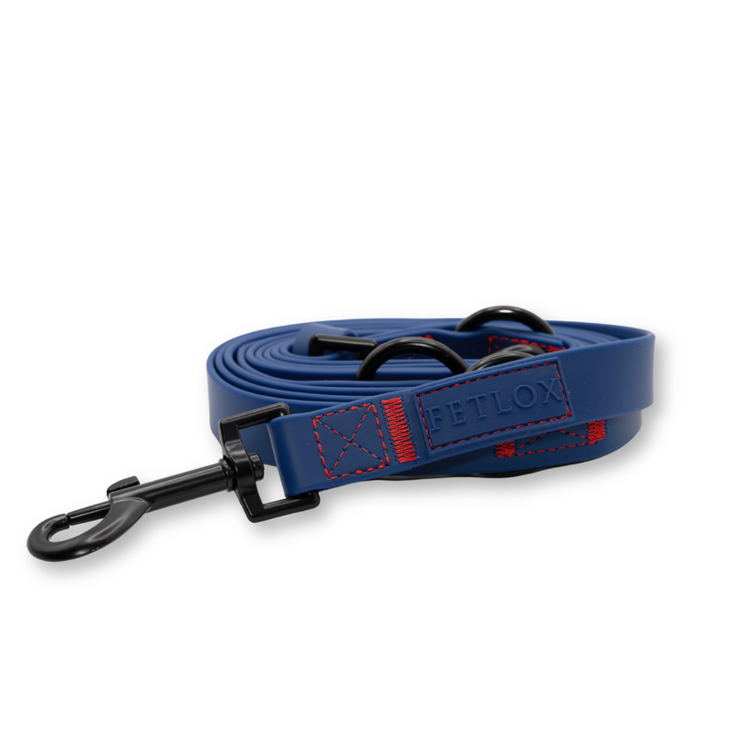 Blue dog leash with black clip on a white background