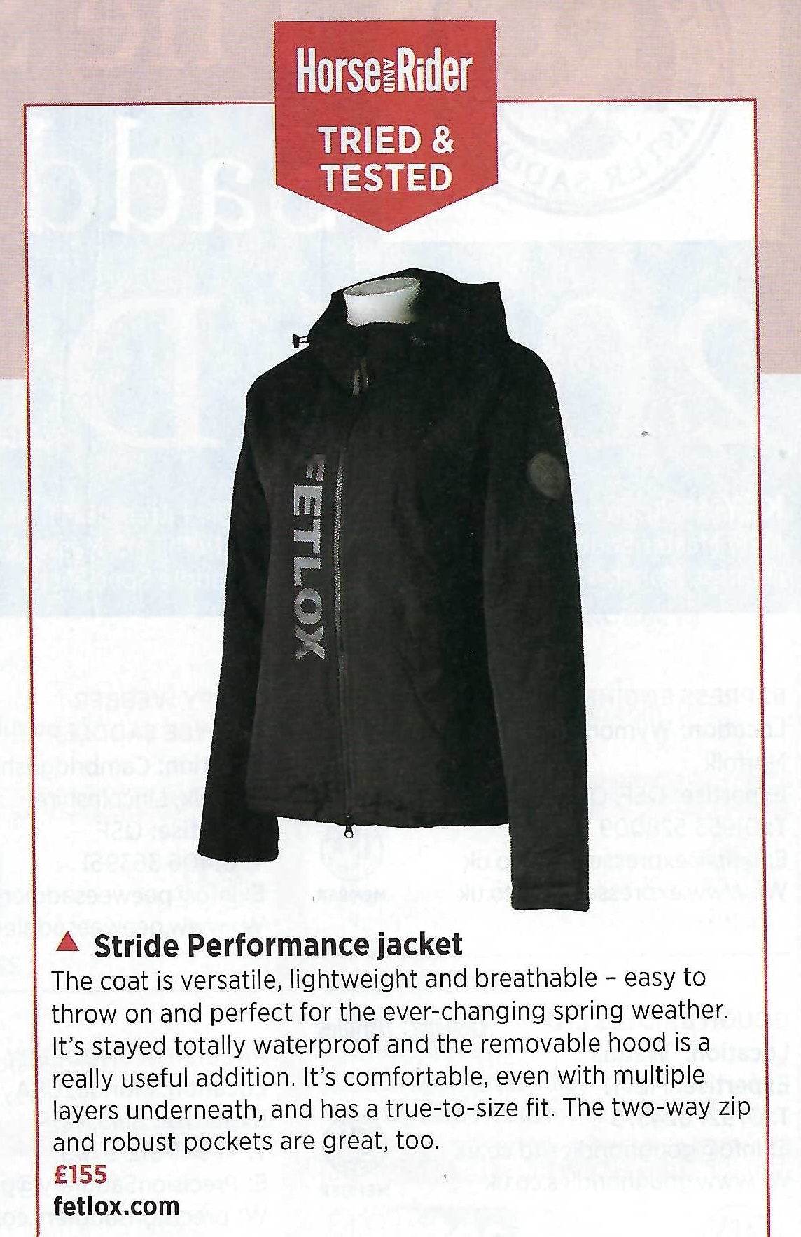 Black Stride Performance jacket with Fetlox branding Horse & Rider magazine tried & tested