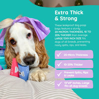 Dog with a purple bandana holding a product, with text about leakproof dog poop bags on a teal background.