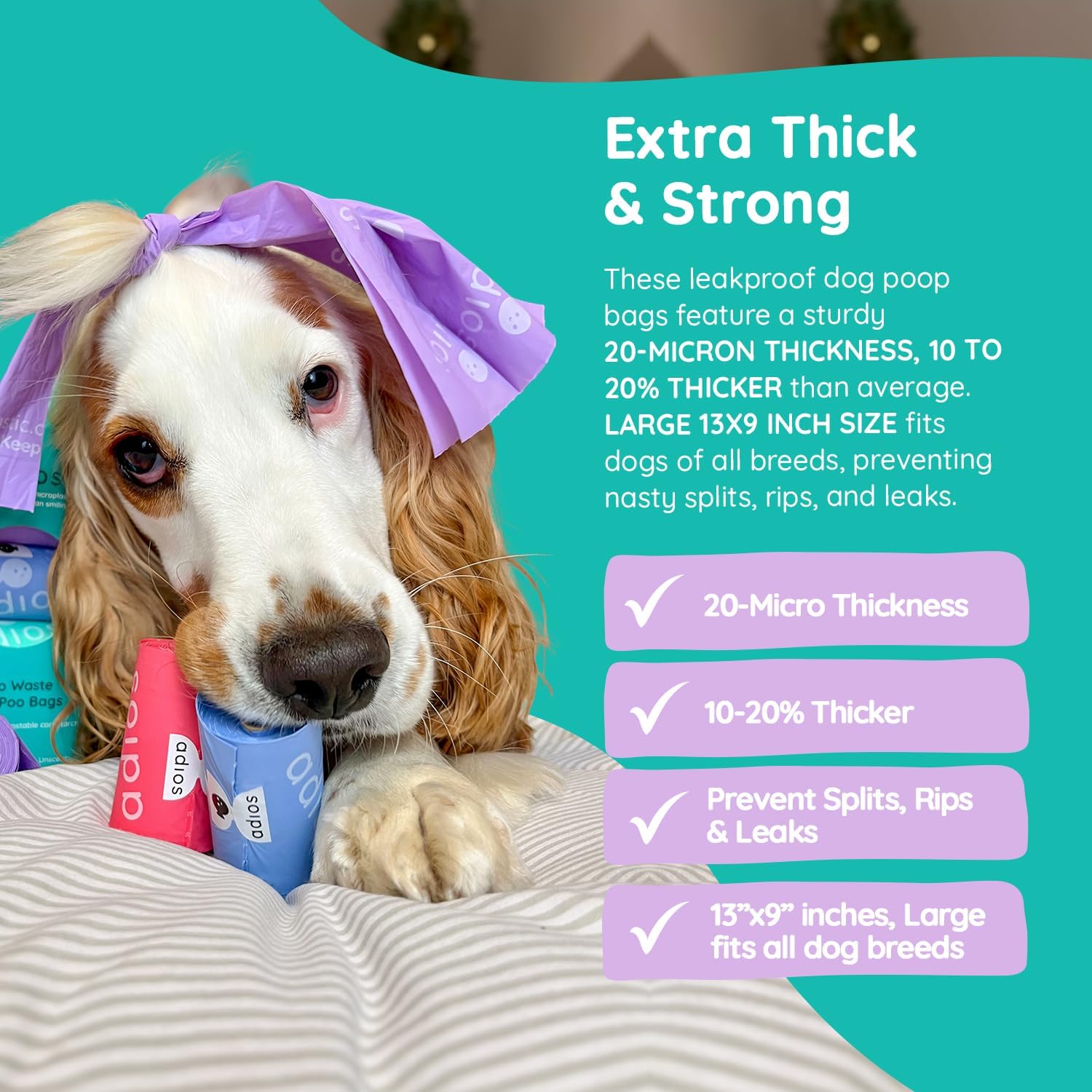 Dog with a purple bandana holding a product, with text about leakproof dog poop bags on a teal background.