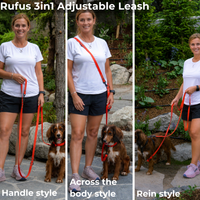 Woman demonstrating the use of a Rufus 3in1 adjustable leash in three different styles outdoors.