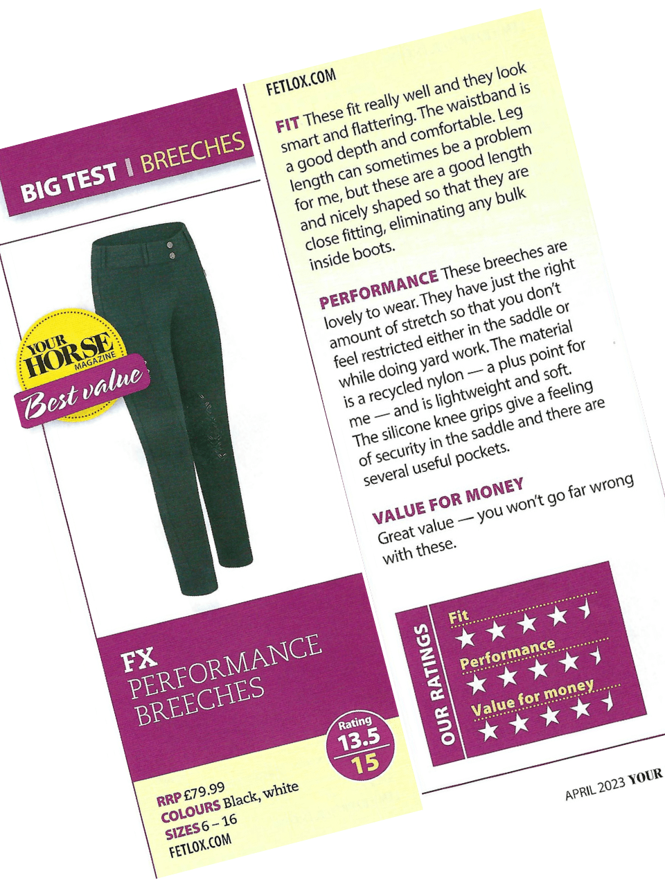 Your Horse Magazine tried & tested artical - Performance Breeches voted best breeches - Fetlox 