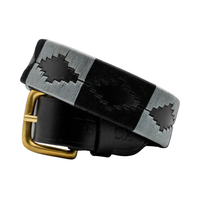 Black and gray belt with a gold buckle on a white background