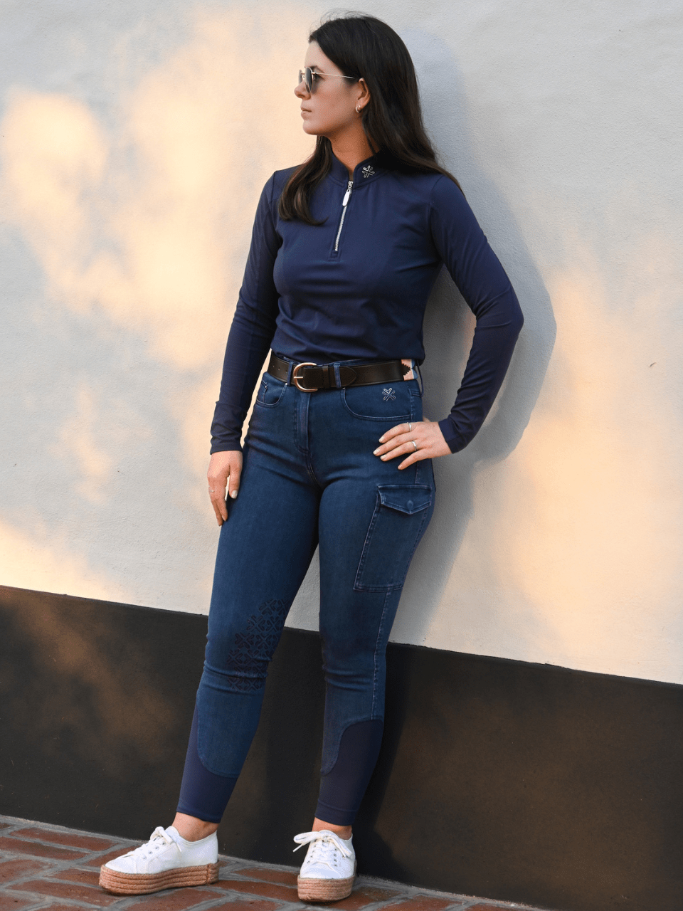 FX Denim Riding Breeches Blue - rear view showing silicone knee grip detail - Fetlox